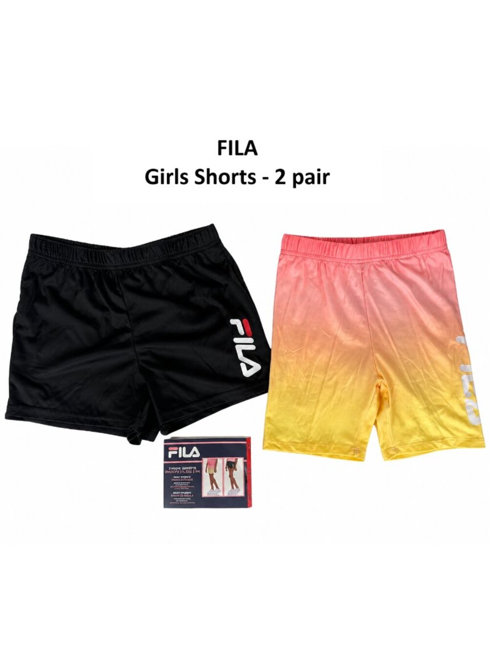 FILA Girls Size M 7/8 Athletic Shorts 2 Pack Black Pink Yellow Ombre NWT